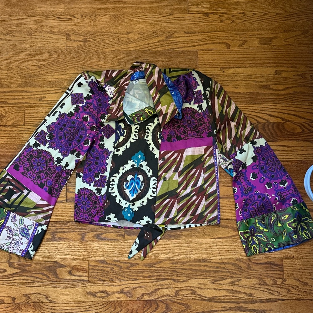 Zara Multicolor Patchwork Blazer with Purple Accents